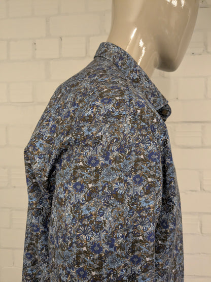 Haupt overhemd. Blauw Bruin Beige Bloemen print. Maat 2XL / XXL.