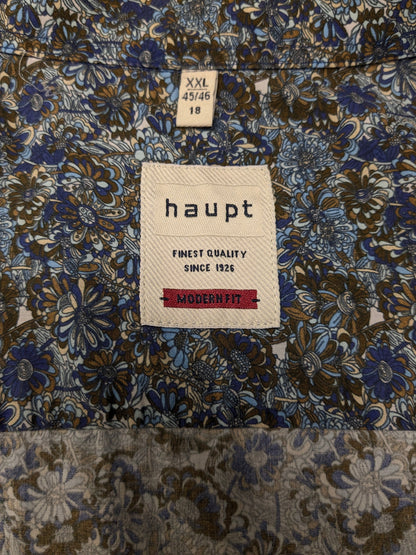 Haupt overhemd. Blauw Bruin Beige Bloemen print. Maat 2XL / XXL.
