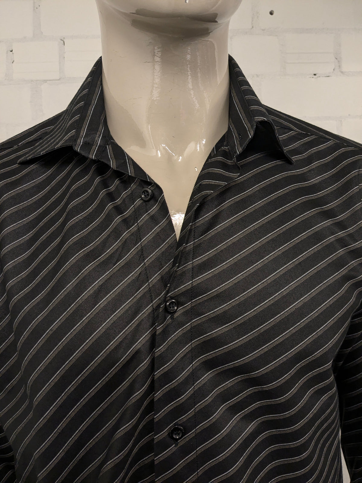Vintage Mira Hemd – schwarz/grau/beige gestreift – Größe L