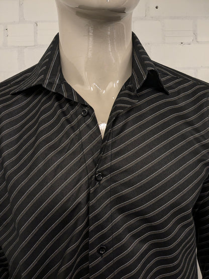 Vintage Mira Hemd – schwarz/grau/beige gestreift – Größe L