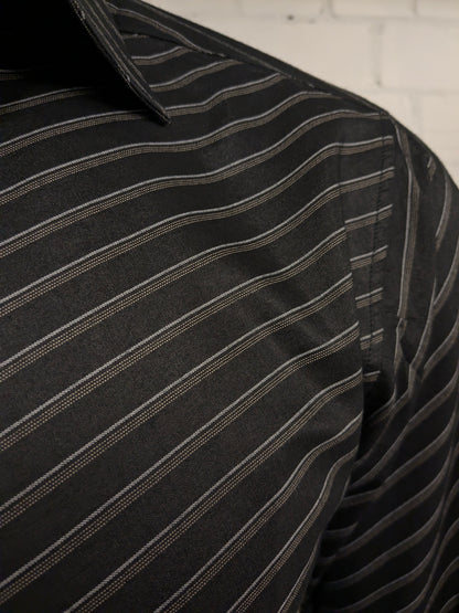 Vintage Mira Hemd – schwarz/grau/beige gestreift – Größe L
