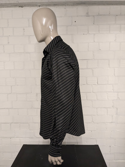 Vintage Mira Hemd – schwarz/grau/beige gestreift – Größe L
