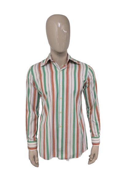 Vintage 70's overhemd met puntkraag. Groen Bruin Beige gestreept. Maat M. type casual Manchetknoop.