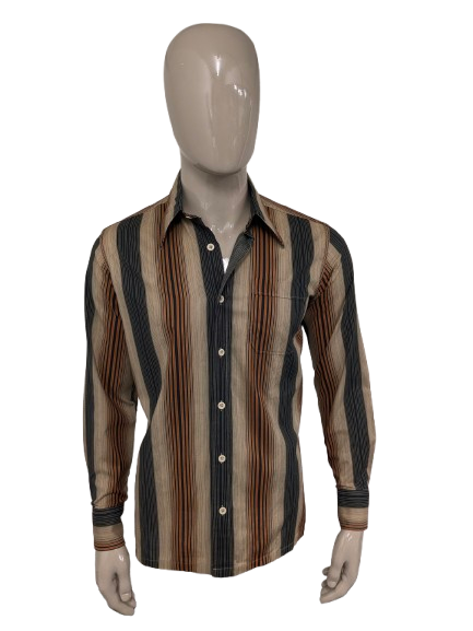 Vintage 70's Beco overhemd met puntkraag. Bruin Zwart Oranje gestreept. Maat L.