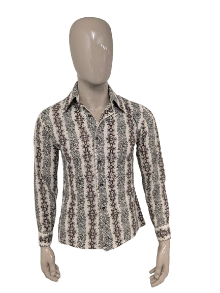 Vintage 70er Van Heusen Hemd mit Rundkragen. Schwarz-Beige-Orange-Druck. Größe M.