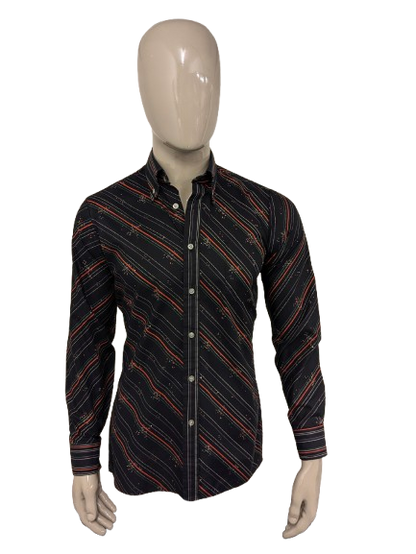 Vintage Trendsetter overhemd. Zwart Oranje Paars Groene print. Maat M.