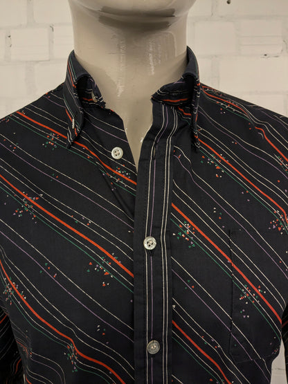 Vintage Trendsetter overhemd. Zwart Oranje Paars Groene print. Maat M.