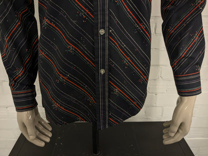 Vintage Trendsetter overhemd. Zwart Oranje Paars Groene print. Maat M.