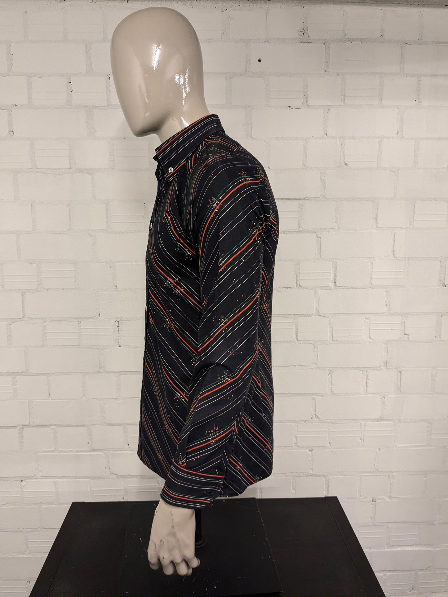 Vintage Trendsetter overhemd. Zwart Oranje Paars Groene print. Maat M.
