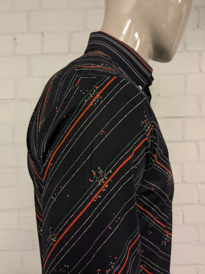 Vintage Trendsetter overhemd. Zwart Oranje Paars Groene print. Maat M.