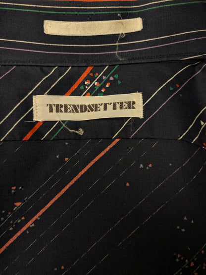 Vintage Trendsetter overhemd. Zwart Oranje Paars Groene print. Maat M.
