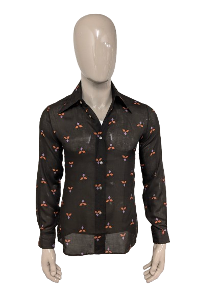 Vintage 70's Chemise de Luxe Paris overhemd met puntkraag. Zwart Rood Paarse print. Maat M.