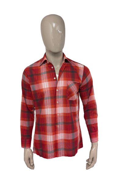 Vintage 70's Men's Fashion overhemd. Rood Oranje Grijs geruit. Maat L.