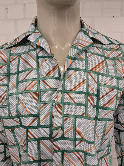 Vintage 70's overhemd met puntkraag. Groen Oranje Bruine print. Maat L.