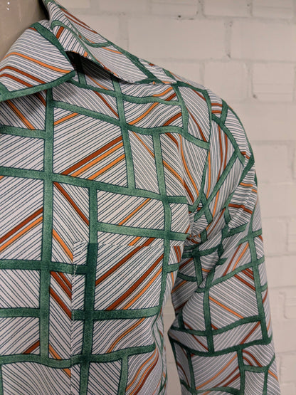 Vintage 70's overhemd met puntkraag. Groen Oranje Bruine print. Maat L.
