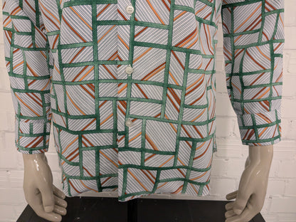 Vintage 70's overhemd met puntkraag. Groen Oranje Bruine print. Maat L.