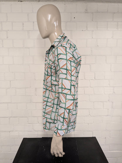 Vintage 70's overhemd met puntkraag. Groen Oranje Bruine print. Maat L.