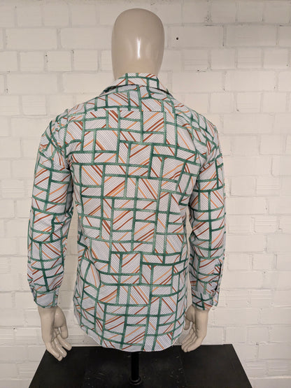 Vintage 70's overhemd met puntkraag. Groen Oranje Bruine print. Maat L.