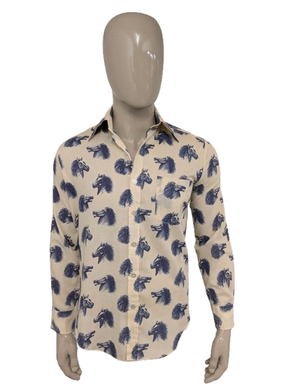 Vintage Ataka overhemd met puntkraag. Beige Blauwe Paardenkoppen print. Maat L.