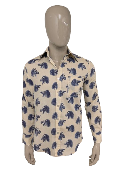 Vintage Ataka overhemd met puntkraag. Beige Blauwe Paardenkoppen print. Maat L.