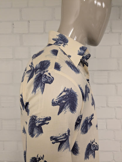 Vintage Ataka overhemd met puntkraag. Beige Blauwe Paardenkoppen print. Maat L.