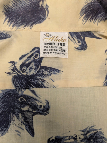 Vintage Ataka overhemd met puntkraag. Beige Blauwe Paardenkoppen print. Maat L.