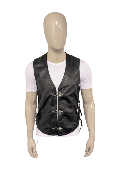 Highway1 double-sided leather waistcoat with buckle and leather lace details. Colored black. Size L.