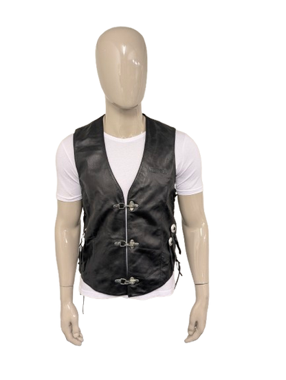 Highway1 double-sided leather waistcoat with buckle and leather lace details. Colored black. Size L.