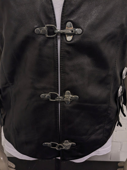 Highway1 double-sided leather waistcoat with buckle and leather lace details. Colored black. Size L.