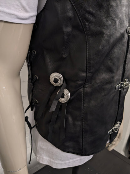 Highway1 double-sided leather waistcoat with buckle and leather lace details. Colored black. Size L.