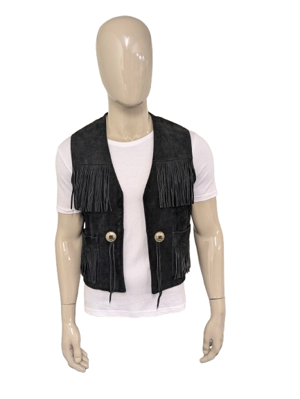 Gilet Owings en daim avec franges et boucles. Coloré noir. Taille M.