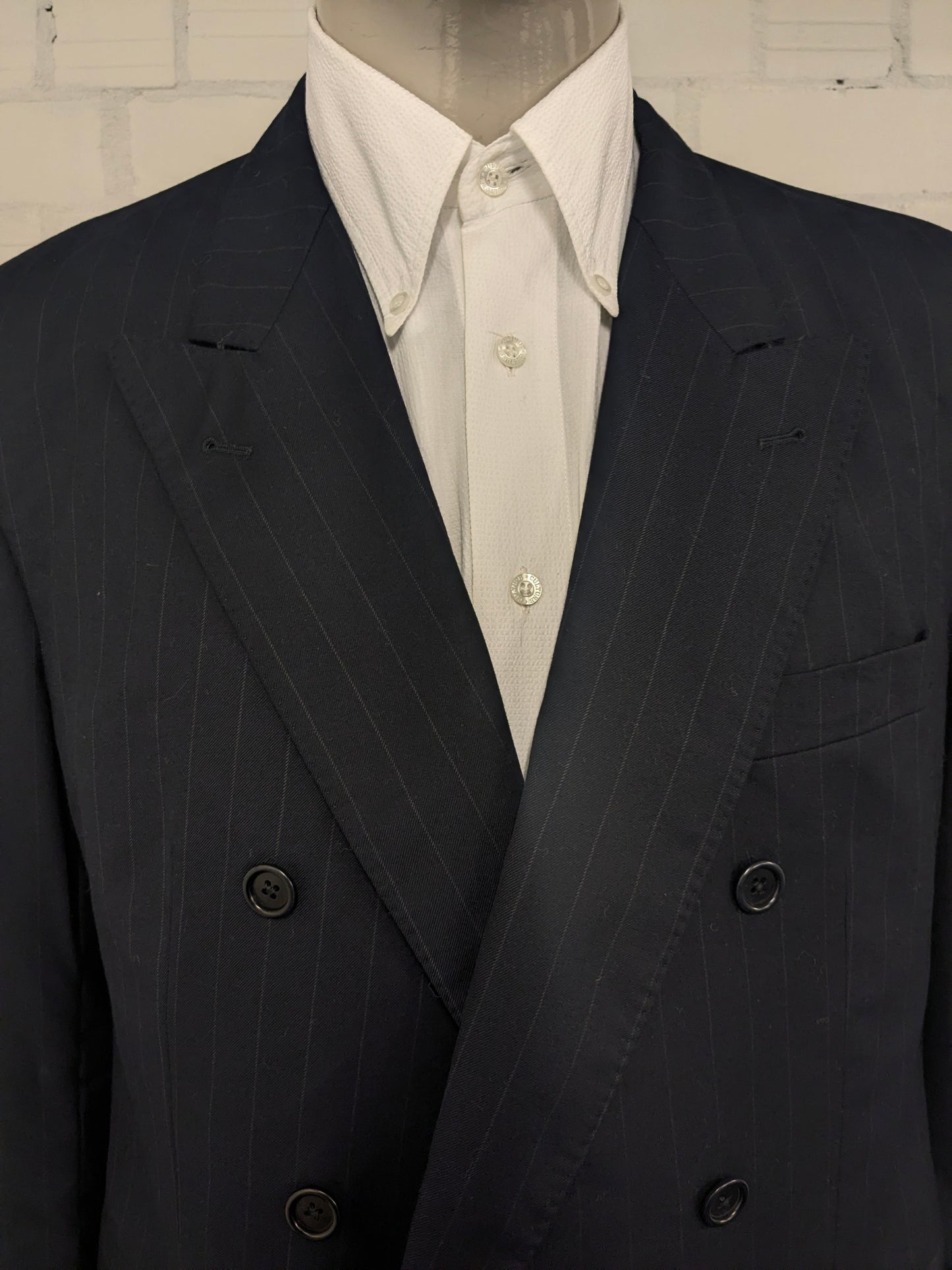 Vintage Scabal Wollen double breasted colbert. Donker Blauw Grijs gestreept. Maat 28 (56 / XL).