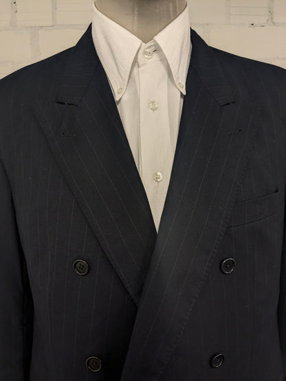 Vintage Scabal Wollen double breasted colbert. Donker Blauw Grijs gestreept. Maat 28 (56 / XL).