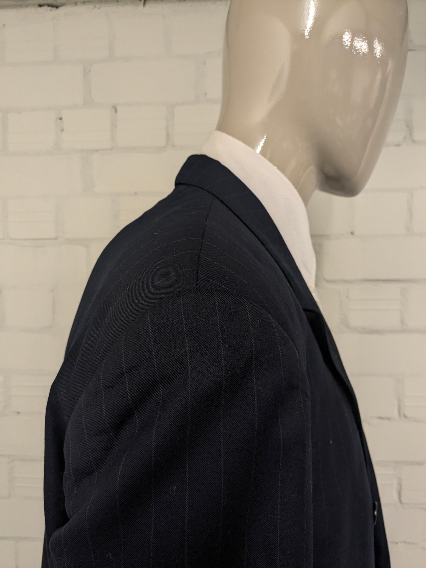Vintage Scabal Wollen double breasted colbert. Donker Blauw Grijs gestreept. Maat 28 (56 / XL).