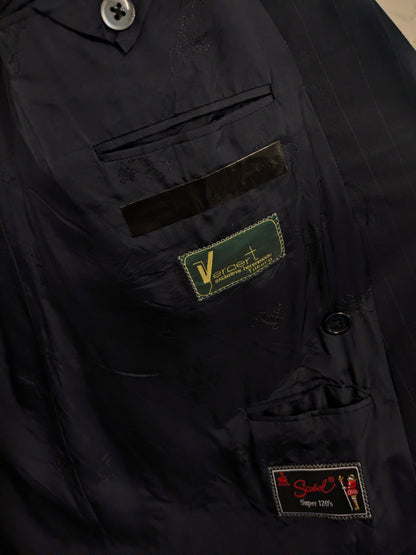 Vintage Scabal Wollen double breasted colbert. Donker Blauw Grijs gestreept. Maat 28 (56 / XL).