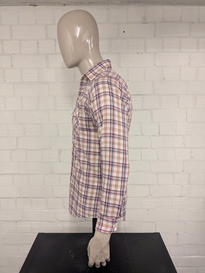 Vintage Levi's 70's overhemd. Beige Rood Blauw geruit. Maat M.