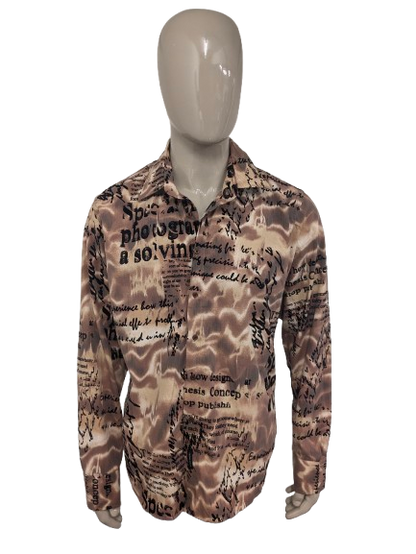 Vintage Casino Royal overhemd. Bruin Beige Zwart Print. Maat XL.