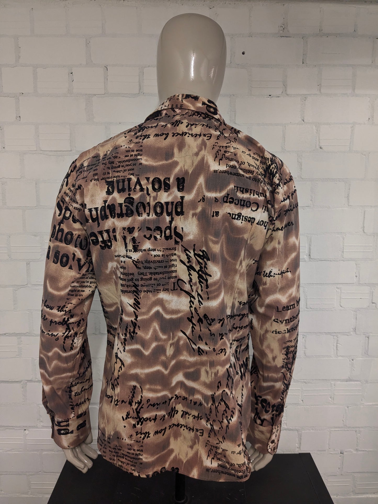 Vintage Casino Royal overhemd. Bruin Beige Zwart Print. Maat XL.