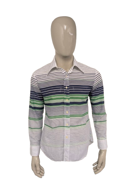 Vintage 70's Satellite overhemd met puntkraag. Blauw Groen Wit gestreept. Maat L.