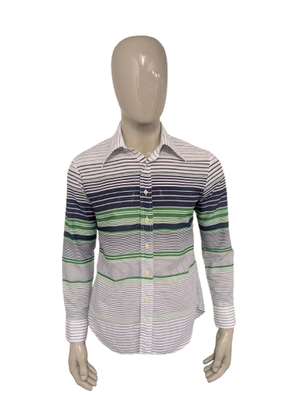 Vintage 70's Satellite overhemd met puntkraag. Blauw Groen Wit gestreept. Maat L.