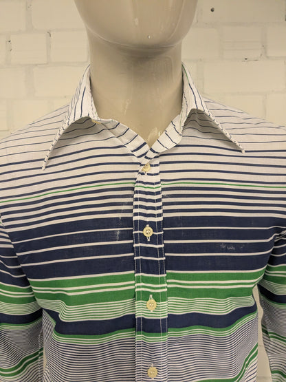 Vintage 70's Satellite overhemd met puntkraag. Blauw Groen Wit gestreept. Maat L.