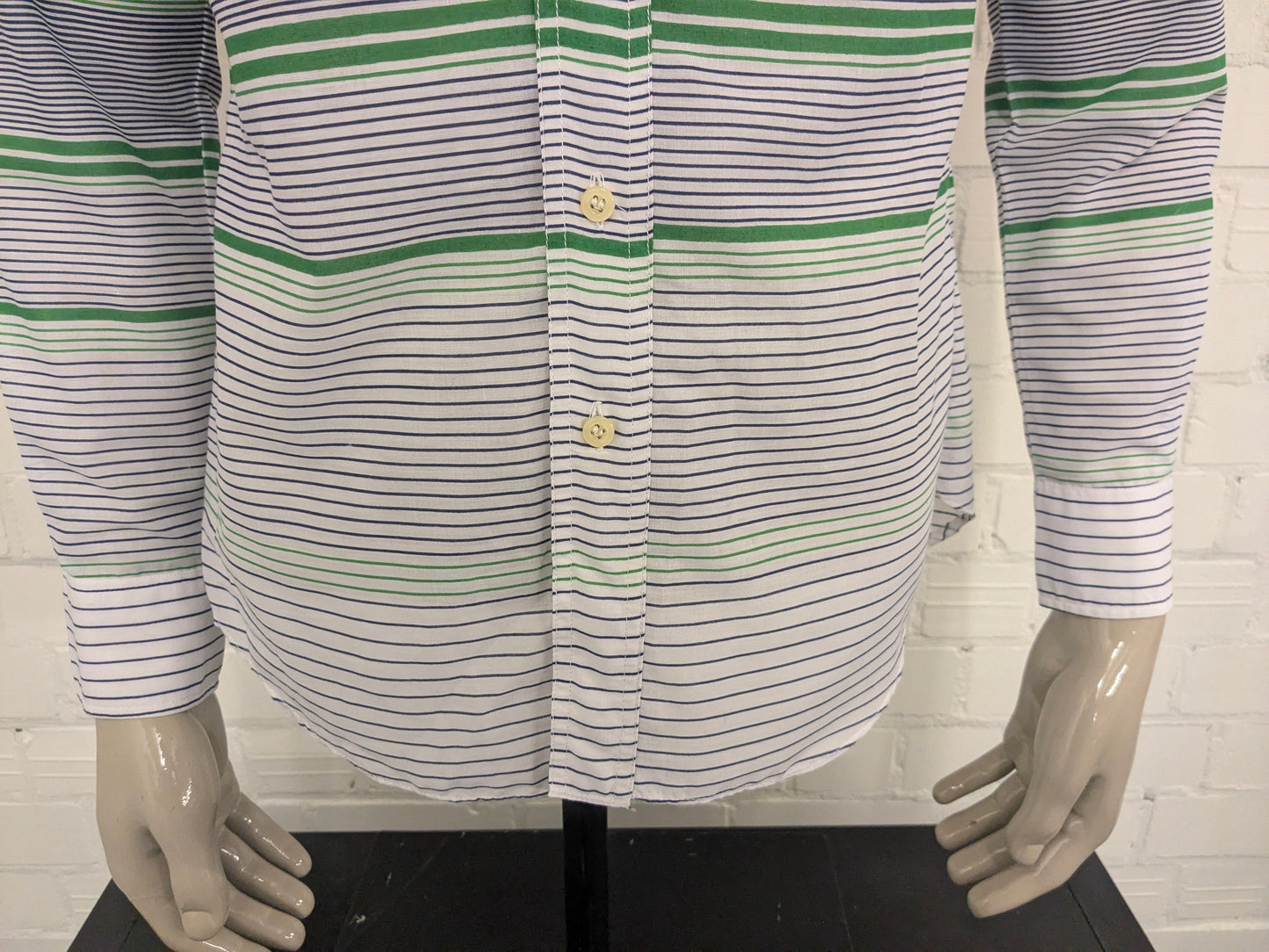 Vintage 70's Satellite overhemd met puntkraag. Blauw Groen Wit gestreept. Maat L.