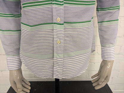 Vintage 70's Satellite overhemd met puntkraag. Blauw Groen Wit gestreept. Maat L.
