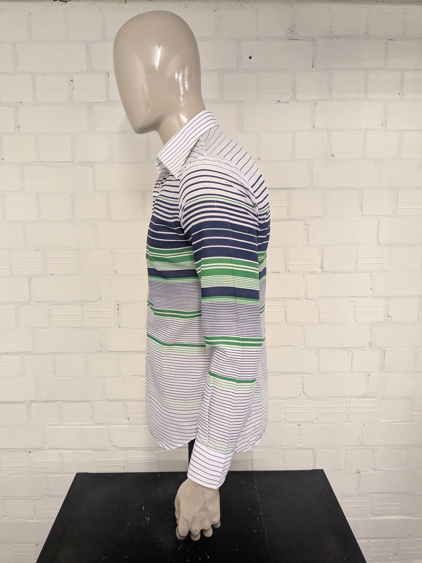 Vintage 70's Satellite overhemd met puntkraag. Blauw Groen Wit gestreept. Maat L.