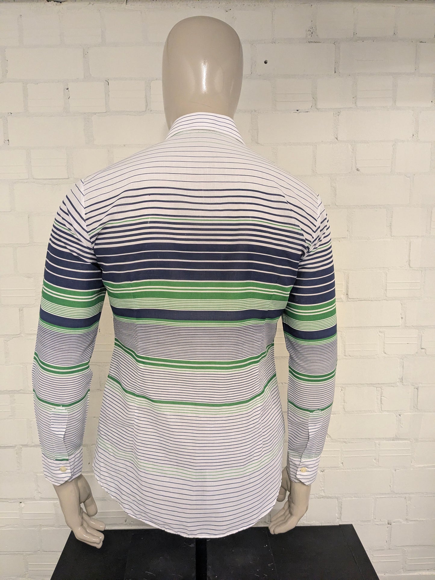 Vintage 70's Satellite overhemd met puntkraag. Blauw Groen Wit gestreept. Maat L.