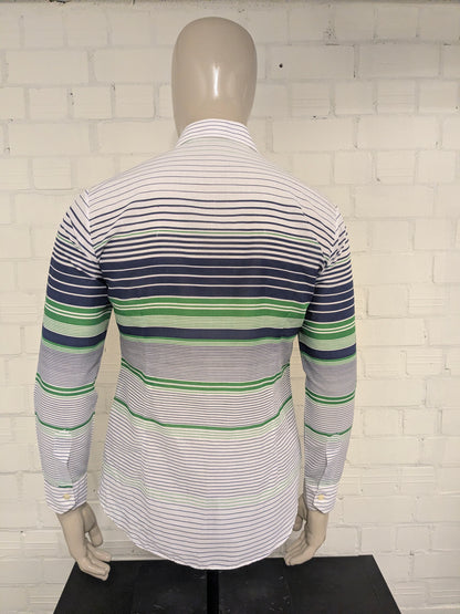 Vintage 70's Satellite overhemd met puntkraag. Blauw Groen Wit gestreept. Maat L.