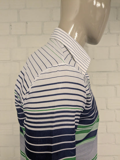 Vintage 70's Satellite overhemd met puntkraag. Blauw Groen Wit gestreept. Maat L.