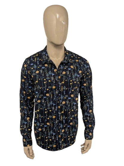 Camisa Stitch&Soul. Estampado floral azul amarillo verde. Talla L.