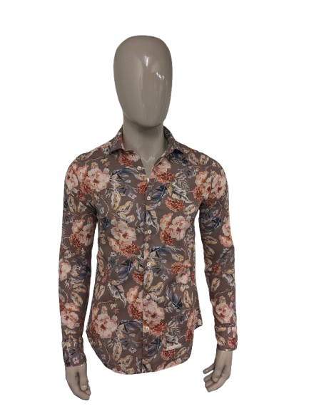 Camisa Tintoria Mattel. Estampado floral marrón rojo azul. Talla M.