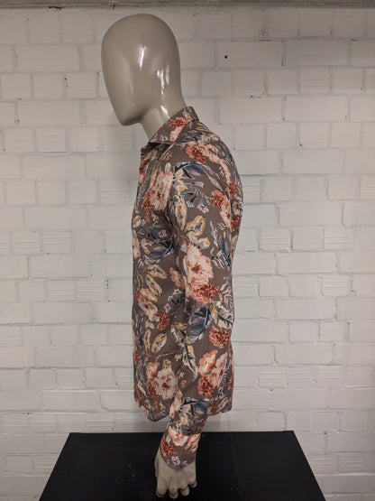 Camisa Tintoria Mattel. Estampado floral marrón rojo azul. Talla M.